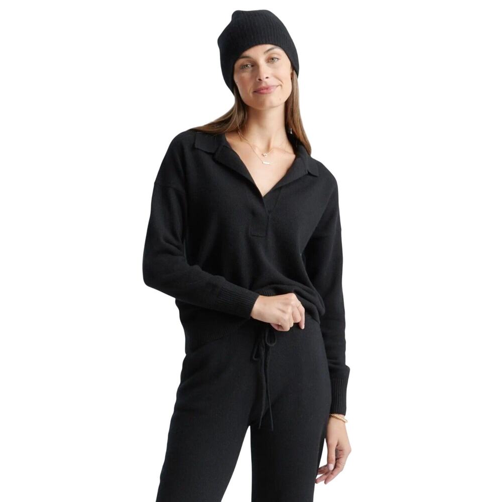 New Quince Women’s L Mongolian Cashmere Polo Sweater Black Preppy Retro Pullover